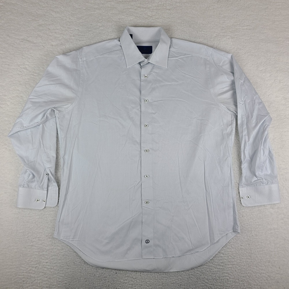 David Donahue Dress Shirt Mens 17 34/35 Blue White Polka Dot Cotton Button Up‎